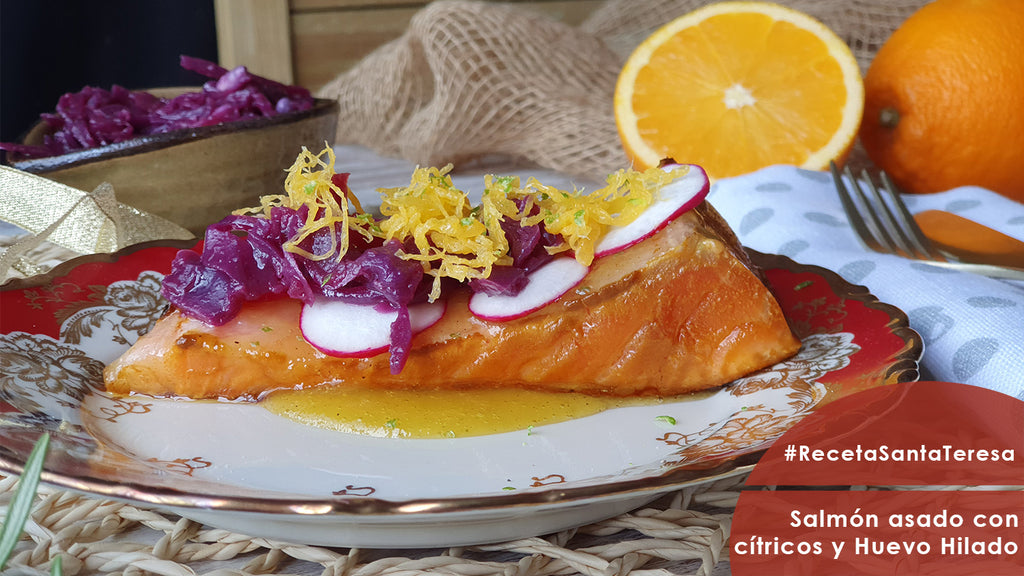 Salmón asado con cítricos y Huevo Hilado Santa Teresa