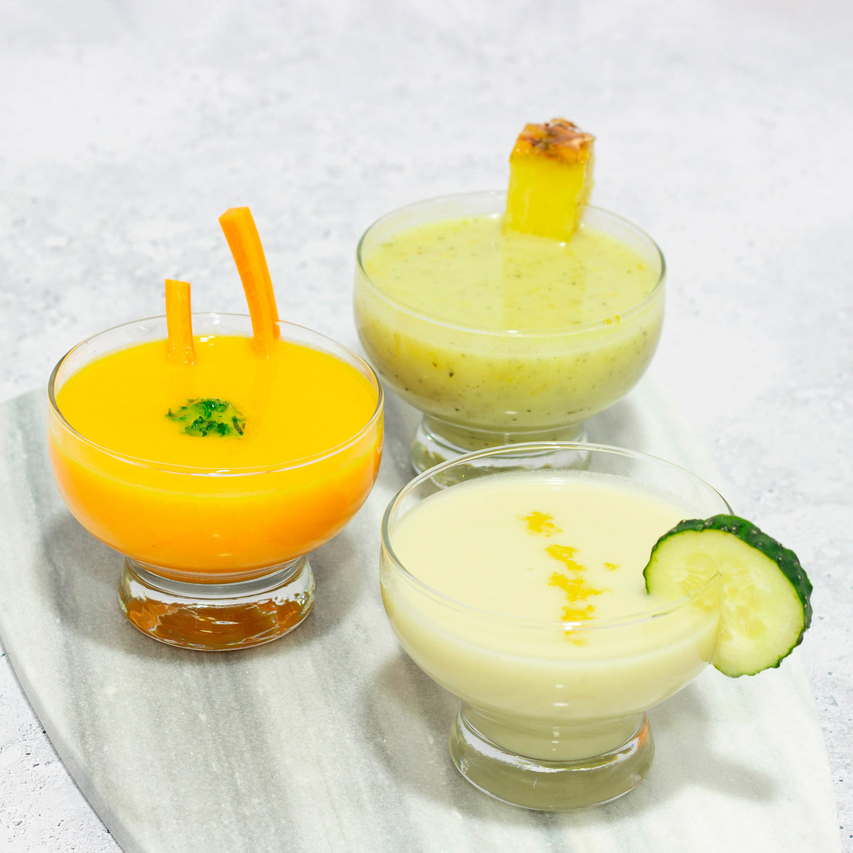 Pack de 3 Cremas Frías: Calabacín y Piña + Zanahoria y Naranja + Pepino y Manzana. 1.200ml